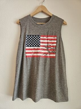 Grey Women's Muscle Tee with Distressed American Flag